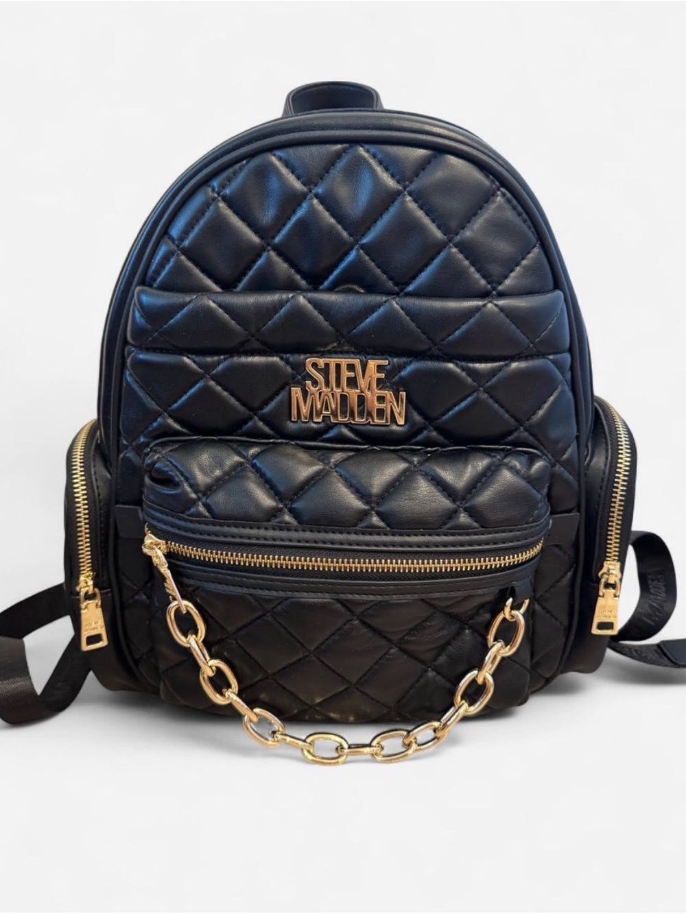 Steve Madden Black Quilted Mini Backpack with Gold Hardware